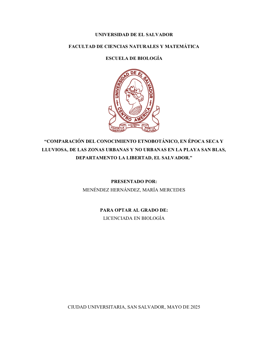 Portada de Comparación del conocimiento etnobotánico, en época seca y lluviosa, de las zonas urbanas y no urbanas en la Playa San Blas